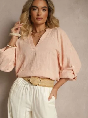 Beżowa Bluzka z Bawełny z Dekoltem w Kształcie Litery V i Kwiatowym Haftem Lisorella h&s