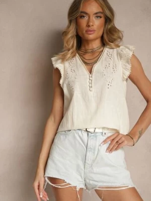 Beżowa Bluzka z Bawełny z Haftowanymi Zdobieniami i Falbanką Talanea maja studio