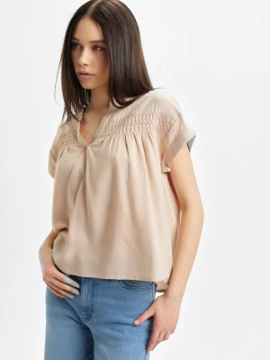 Beżowa bluzka z dekoltem v-neck TOP SECRET