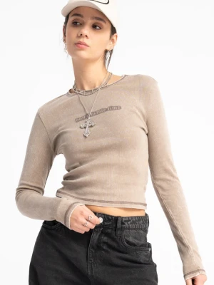 Beżowa bluzka z dzianiny prążkowej z efektem sprania Reporter Young