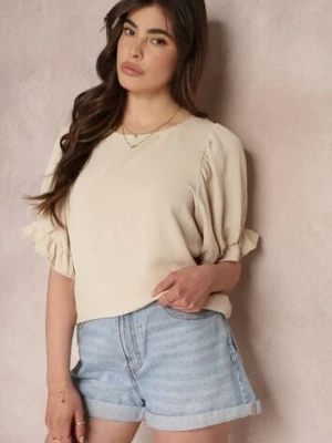 Beżowa Bluzka z Falbankami na Krótkich Bufiastych Rękawach Janila lily rose