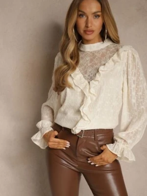 Beżowa Bluzka z Koronką i Falbankami Zdobiona Metalicznymi Przeszyciami Aliafera bisou's project