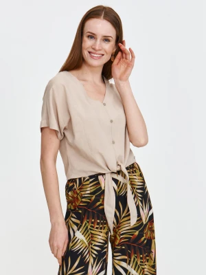 Beżowa bluzka z krótkim rękawem z domieszką lnu Top Secret
