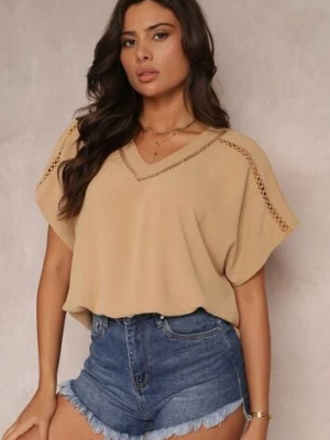 Beżowa Bluzka z Krótkimi Rękawami i Ażurowym Dekoltem Morah