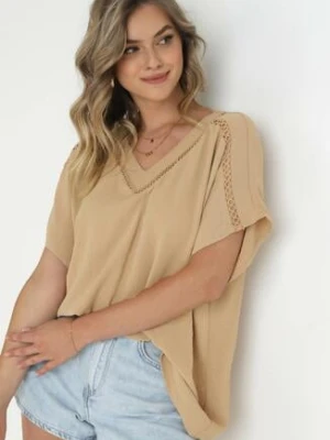 Beżowa Bluzka z Krótkimi Rękawami i Ażurowymi Wstawkami Tessica