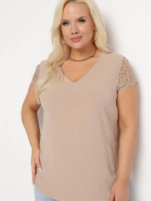 Beżowa Bluzka z Krótkimi Rękawami z Delikatnej Koronki Verlina