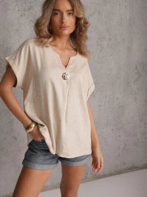 Beżowa Bluzka z Lnem i Wiskozą o Nietoperzowym Kroju z Krótkim Rękawem Herira rosita