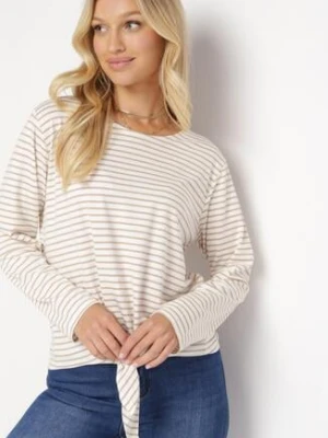 Beżowa Bluzka z Ozdobnym Wiązaniem i Długimi Rękawami z Bawełny Marlis italy moda