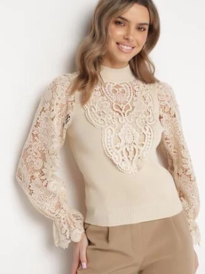 Beżowa Bluzka z Półgolfem w Stylu Retro Bogato Zdobiona Ażurową Koronką Kallioma elsa.m by may