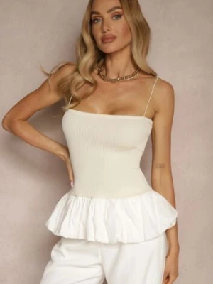 Beżowa Bluzka z Prążkowanego Materiału Ozdobiona Falbanką Aluossa lovery