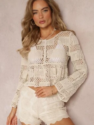 Beżowa Bluzka z Szydełkowej Bawełny z Ozdobną Falbaną Vemni rosa