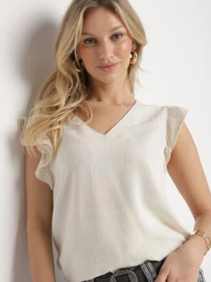 Beżowa Bluzka z Wiskozą i Lnem Ozdobiona Haftem i Falbanami Harivna melya by melody