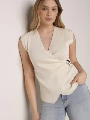 Beżowa Bluzka z Wiskozą Kopertowym Dekoltem i Metalową Klamrą z Boku Sanviel yu & me