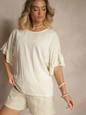 Beżowa Bluzka z Wiskozą o Kroju Nietoperza Ozdobiona Falbankami Ranova new collection