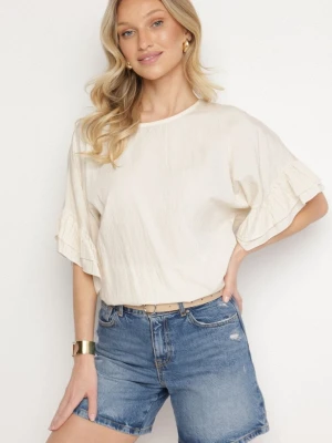 Beżowa Bluzka z Wiskozą Typu Nietoperz z Falbankami Davienna New Collection
