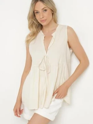 Beżowa Bluzka z Wiskozą z Baskinką Wiązaniem i Kołnierzykiem Davissen new collection