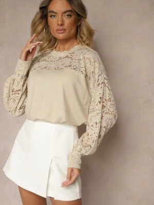 Beżowa Bluzka z Wiskozą z Koronką Eviriva j studio