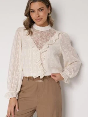 Beżowa Bluzka Zdobiona Koronką Falbankami i Metaliczną Nicią Feralea