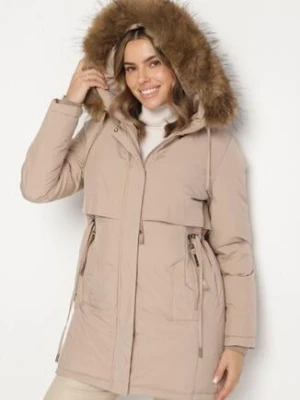 Beżowa Casualowa Kurtka Parka z Kapturem z Futerkiem Nallorea swest
