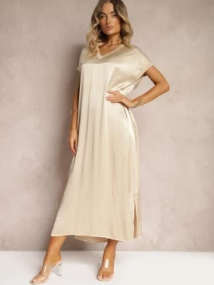 Beżowa Casualowa Sukienka z Wiskozy Oversize o Pudełkowym Kroju Morarose jumelle