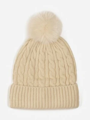 Beżowa Czapka z Pomponem Zdobiona Warkoczowym Splotem Vetizare