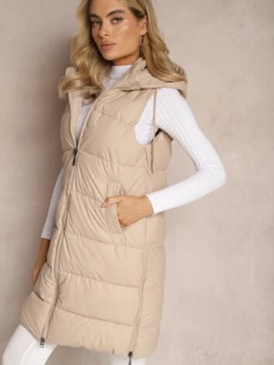 Beżowa Długa Kamizelka z Pikowaniem i Obustronnym Suwakiem Wetessa swest