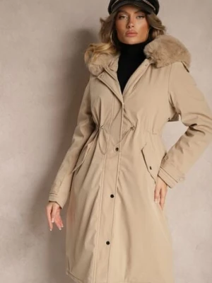 Beżowa Długa Kurtka o Fasonie Parki z Futerkiem Edelais metro five