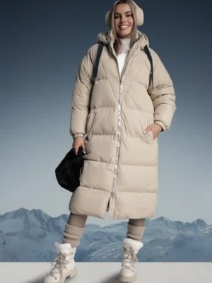 Beżowa Długa Kurtka Pikowana Płaszcz na Zamek z Kapturem Lesea j.style