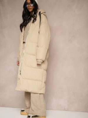 Beżowa Długa Kurtka Pikowana z Kapturem Serea j.style