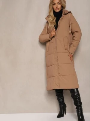 Beżowa Długa Kurtka Pikowana z Odpinanym Kapturem i Rozcięciami na Napy Nissira melya by melody