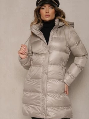 Beżowa Długa Kurtka z Kapturem Kieszeniami i Dwustronnym Suwakiem Zdobiona Pikowaniem Sanaviel