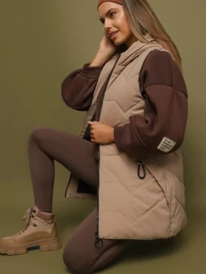 Beżowa Długa Pikowana Kamizelka na Suwak z Kapturem Teriviana swest