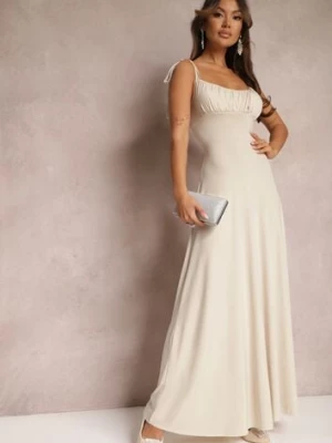 Beżowa Długa Sukienka z Marszczonym Dekoltem i Wiązanymi Ramiączkami Rozvita allyson