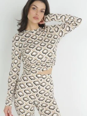 Beżowa Dopasowana Bluzka w Retro Wzór z Marszczeniem Shili by swan