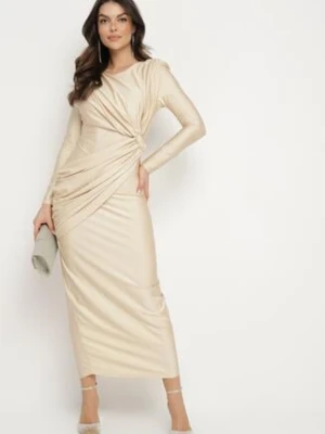 Beżowa Dopasowana Sukienka Ozdobiona Cyrkoniami i Marszczeniem Grelila allyson