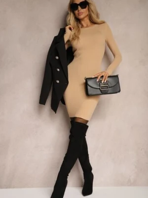 Beżowa Dopasowana Sukienka Sweterkowa z Prążkowanego Materiału Irivias glo-story