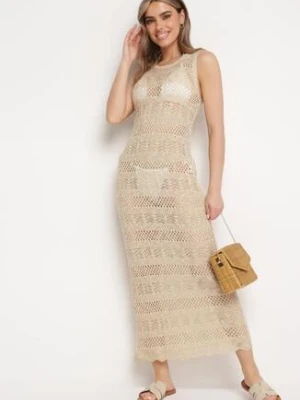 Beżowa Dopasowana Sukienka z Ażurowego Materiału Wykończona Metaliczną Nitką Trinesa bisou's project