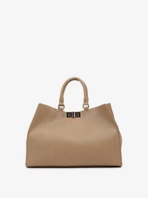 Beżowa Duża Torebka Kuferek z Dwoma Rączkami i Metaliczną Klamrą Nalavera chantal firenze