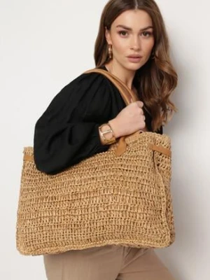 Beżowa Duża Torebka Tote Plażowa z Plecionki w Stylu Boho Delmirra