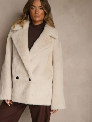 Beżowa Dwurzędowa Kurtka Futerko o Fasonie Oversize Manella ann gissy