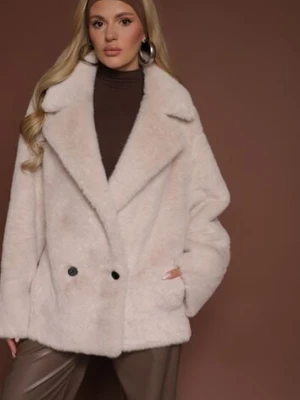 Beżowa Dwurzędowa Kurtka Futerko o Fasonie Oversize Manella ann gissy