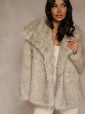 Beżowa Dwurzędowa Kurtka Futerko Oversize Nenalla