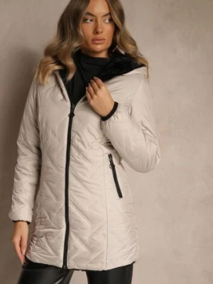 Beżowa Dwustronna Kurtka z Kapturem Pikowanymi Przeszyciami i Futerkiem Rossalea swest