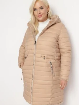 Beżowa Dwustronna Kurtka z Ozdobnym Pikowaniem z Kapturem i Gumką w Talii Bellura h&s