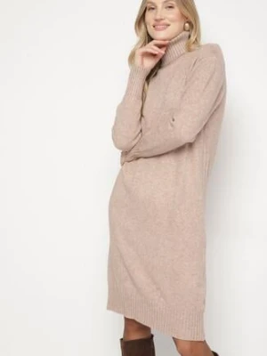 Beżowa Dzianinowa Sukienka z Bawełną o Prostym Kroju z Golfem Tesala j&x