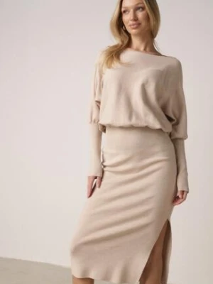 Beżowa Dzianinowa Sukienka z Wiskozą o Nietoperzowym Kroju z Dekoltem w Łódkę Tisan bisou's project