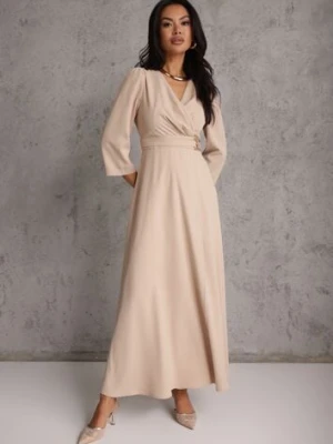 Beżowa Elegancka Sukienka o Kopertowym Kroju Zdobiona Aplikacją w Talii Zilendra vices