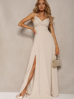 Beżowa Elegancka Sukienka o Rozkloszowanym Kroju z Rozcięciem na Ramiączkach z Kopertowym Dekoltem Winelia messaya