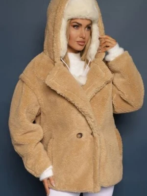 Beżowa Futerkowa Kurtka Teddy z Kapturem z Wsuwanymi Kieszeniami Gerovia