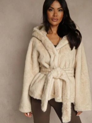 Beżowa Futerkowa Kurtka z Kapturem i Wiązanym Paskiem Zetele